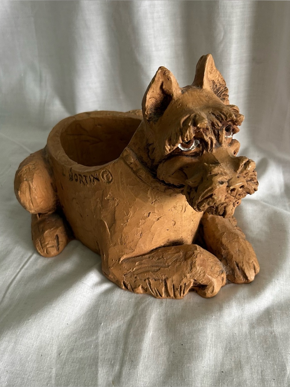 Vintage 1970s Lee Bortin Original Clay Dog Planter - Signed Terrier / Schnauzer
